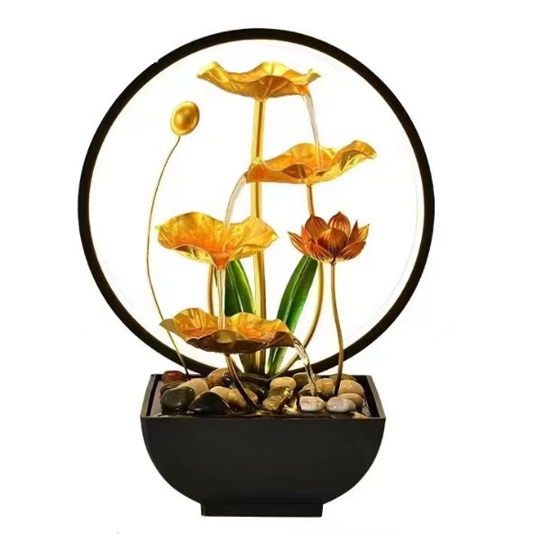 Διακοσμητικό Συντριβάνι Feng Shui με Χρυσά Λουλούδια Λωτού 3 επιπέδων &amp; Φωτιστικό 30x18x38 cm LED ZG72791