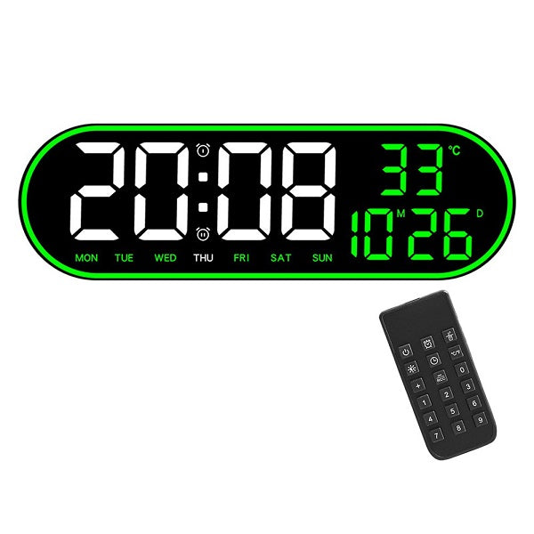 Μεγάλο ψηφιακό ρολόι τοίχου LED 38cm x 3cm x 12cm με ένδειξη θερμοκρασίας, ημερομηνίας, φωτισμό περιβάλλοντος, διπλό ξυπνητήρι τηλεχειριστήριο και καλώδιο 3 μέτρων 16961-8021 Μαύρο περίβλημα, Πράσινα-Λευκά ψηφία